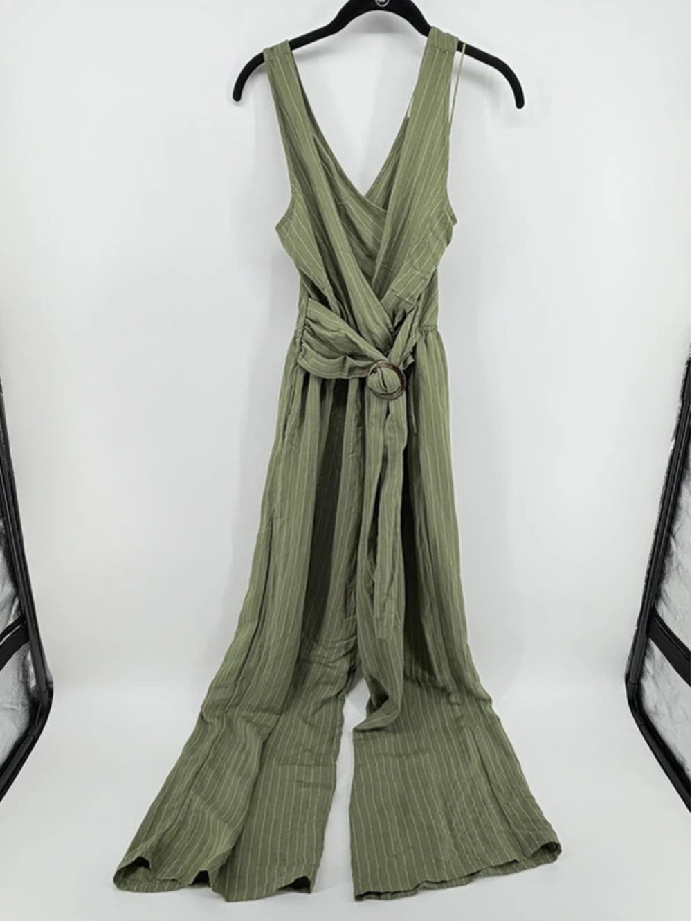 Flying Tomato Olive Green Pinstripe Wide Leg Jumpsuit Large Belted Wrap Front